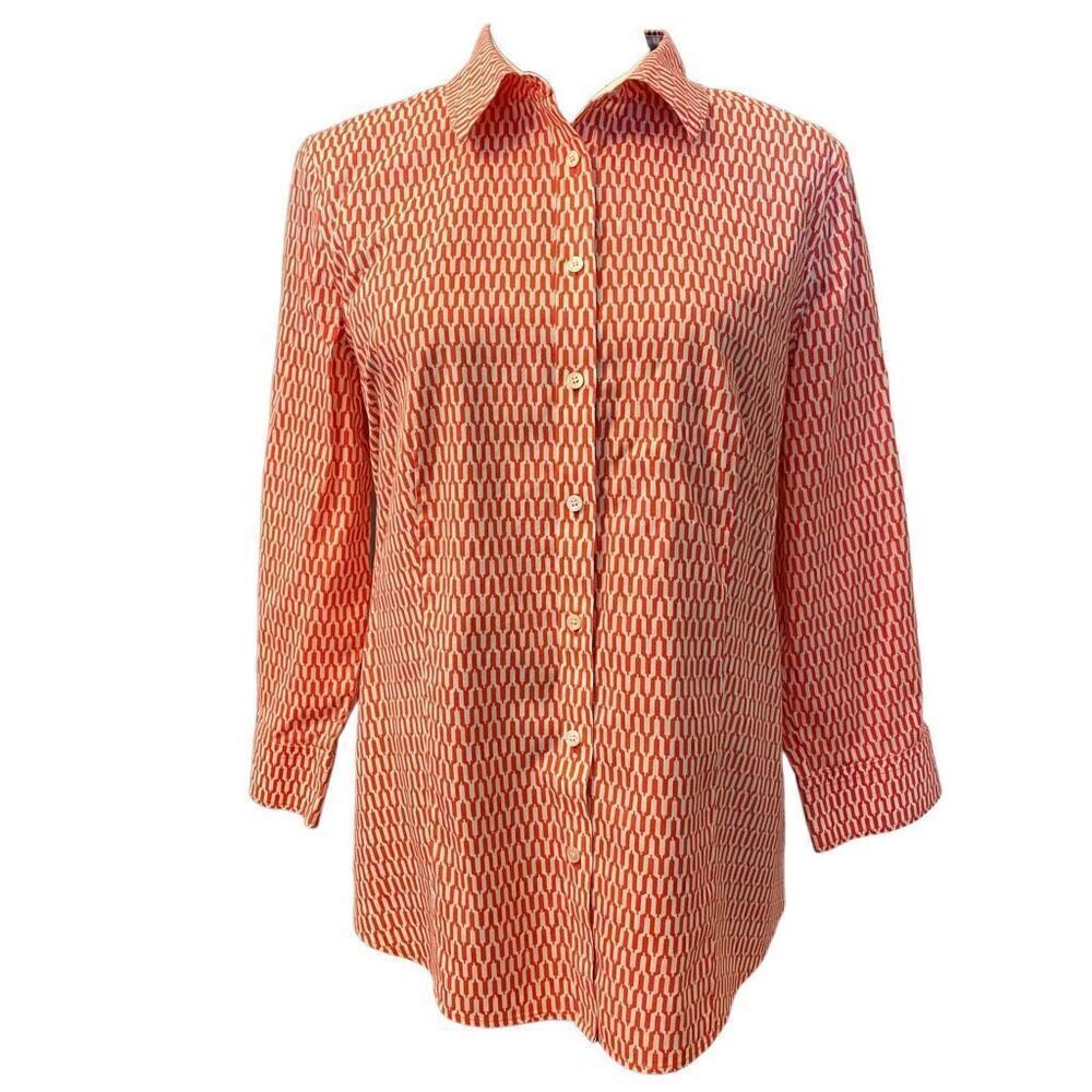 Talbots Coral and‎ White Geometric Print Fitted Button Down Top Size 12